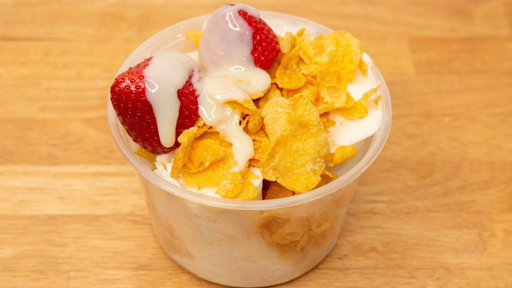 The Breakfast Club · Cereal milk ice cream, frosted flakes, strawberries.