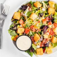 Keller Tavern Salad · Mixed greens smothered with cheddar & jack cheese, apple wood smoked bacon, croutons, tomato...