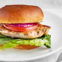 Grilled Chicken Sandwich · Grilled chicken with lettuce, tomato, onion & pickle. Served on a toasted chipotle aioli bru...