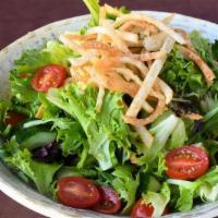 House Large (Vg) · mixed greens, cucumber, cherry tomato and crispy wonton strips with choice of dressing