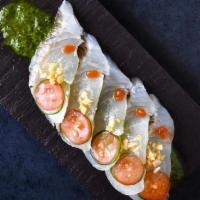 *Madai Chimichurri · thinly sliced red sea bream with cucumber, cherry tomato, rocoto pepper, olive oil, marcona ...