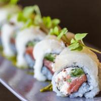 *Amazon Roll · red sea bream, olive oil, smoked salmon, crab and tampico mix, jalapeño, wasabi sprouts, mal...