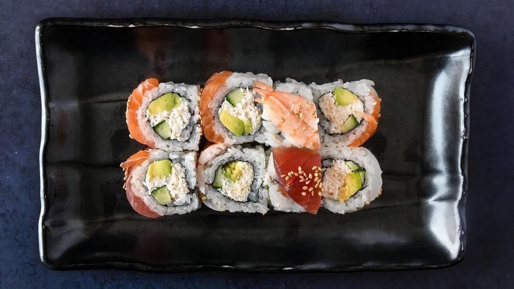 *Rainbow Roll (Gf) · bigeye tuna, salmon, hirame, ebi, snow crab, avocado, cucumber (8 pcs)