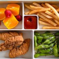 Little Bento Box- Chicken Tenders  · all-natural chicken tenders with edamame, choice of starch, and fruit.