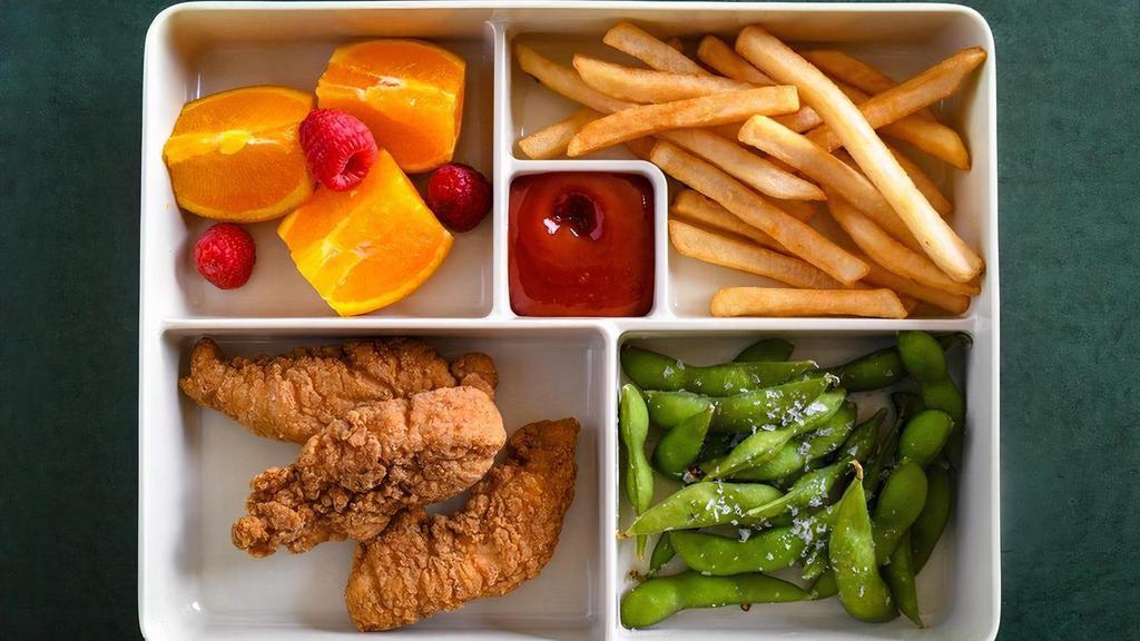 Little Bento Box- Chicken Tenders  · all-natural chicken tenders with edamame, choice of starch, and fruit.
