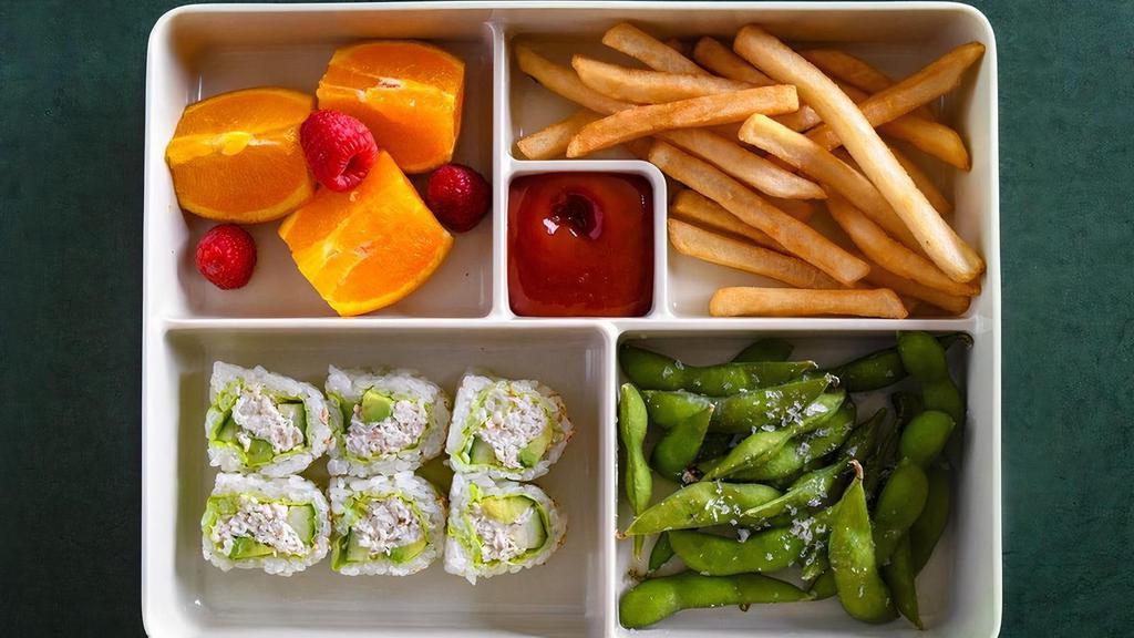 Little Bento Box- Cali Roll · crab mix, avocado, cucumber, soy paper (10 pcs) with edamame, choice of starch, and fruit.