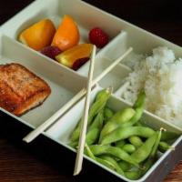 Little Bento Box- Seared Salmon · pan-seared salmon filet with edamame, choice of starch, and fruit.