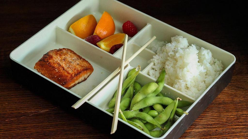 Little Bento Box- Seared Salmon · pan-seared salmon filet with edamame, choice of starch, and fruit.