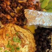 Huevos Rancheros · 2 eggs topped with ranchero sauce and avocado slices, served with a side of chorizo, black b...