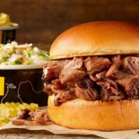 Brisket Classic Sandwich Plate · Includes a choice of chopped or sliced delicious slow-smoked brisket on a Brioche bun, serve...