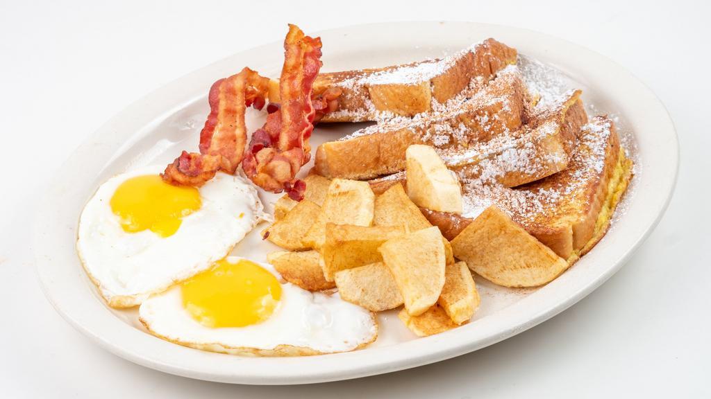 Gringo Delight · French Toast served with 2 eggs, 3 slices of bacon and potatoes