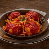 Bucatini + Meatballs · chicken meatballs, organic marinara, spaghetti