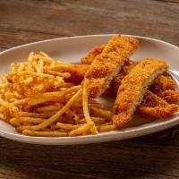 Crispy Chicken Strips · choice of shoestring fries or mac + cheese