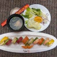 Rainbow Roll · California with five kinds of fish added.