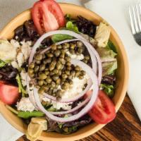 Greek Salad (Large) · Field greens, artichoke hearts, capers, feta, roma tomatoes, red onions and kalamata olives.