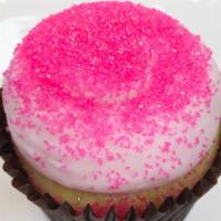 Pink Vanilla Cupcake · Vanilla cupcake topped  with our signature pink buttercream frosting.