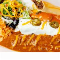 El Jefe · All your El Fenix favorites in one platter.  3 enchiladas (cheese with chile con queso, chic...