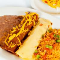 Durango Dinner · one cheese enchilada with chili con carne, one cheese enchilada with chile con queso & one p...