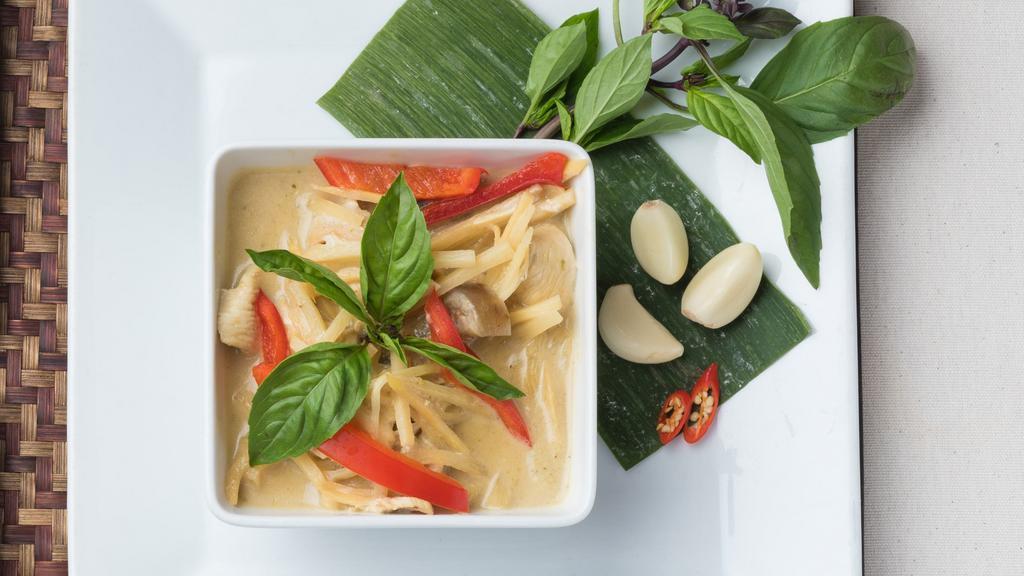 Green Curry · Curry with green chili aroma, bamboo shoots, eggplant, basil, and bell pepper in coconut milk.
