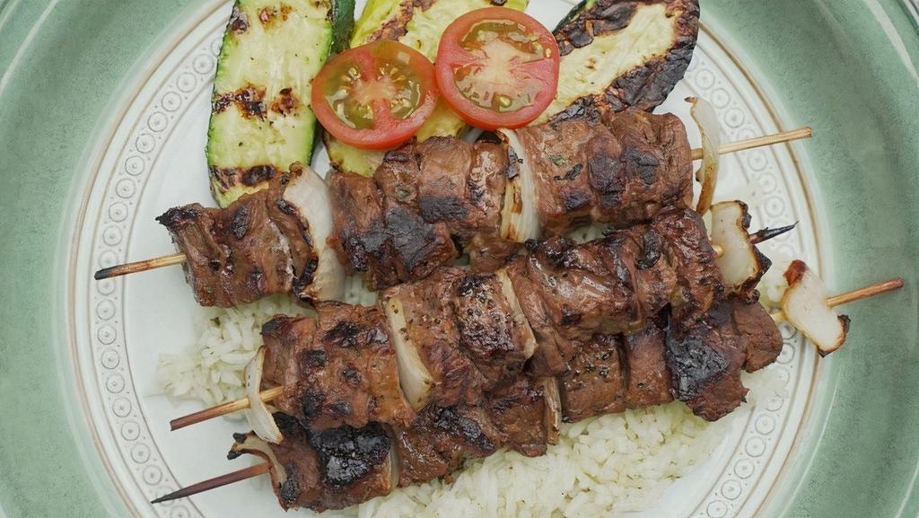 Beef Kebabs · Flame Grilled Marinated Beef Cubes & Vegetables on a skewer, served with 2 sides