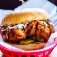 G. Chicken Sandwich · All-Natural Breast, topped with Coleslaw, Bread-N-Butter Pickles, and Duke's Mayo