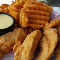Fried Chicken Fingers · hand-breaded chicken tenderloins, french fries (buttermilk ranch or honey mustard)