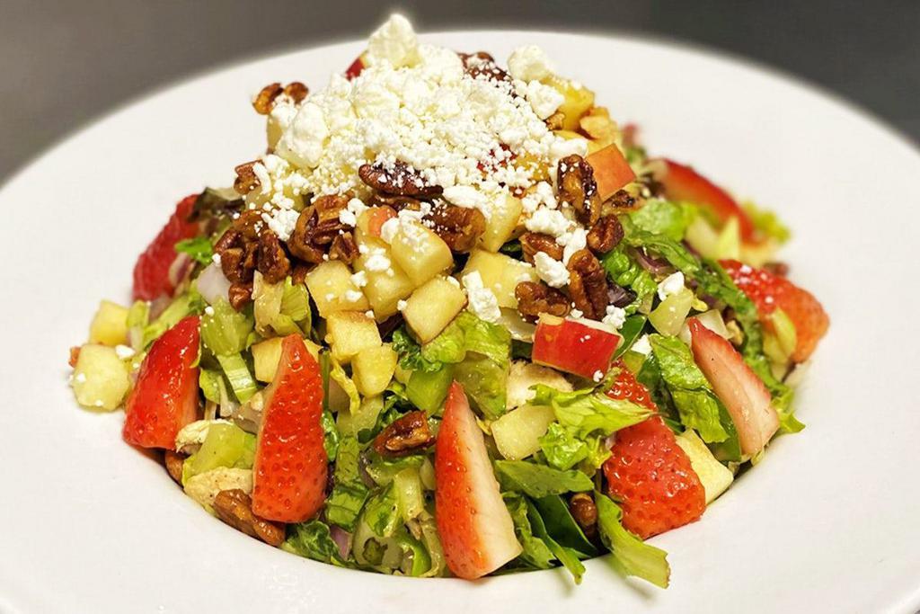 Summer Chicken Salad · grilled chicken, spring mix + fresh greens, red onion, apple, strawberries, celery, candied pecans, crumbled goat cheese, balsamic vinaigrette (salad dressing served on the side)