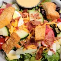 House Traditional  · fresh greens, cheddar, bacon, carrot, egg, cucumber, tomato, croutons, dressing