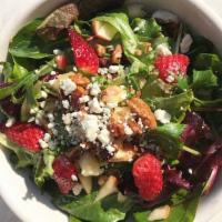 House Summer Blend · spring mix, red onion, apple, strawberry, celery,. candied pecans, crumbled goat cheese, bal...