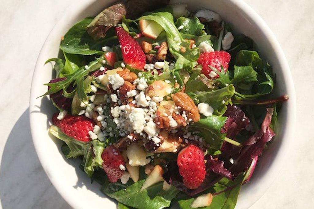 House Summer Blend · spring mix, red onion, apple, strawberry, celery,. candied pecans, crumbled goat cheese, balsamic. vinaigrette