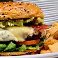 Avocado Burger* · 1/2 lb patty, avocado, monterey jack, bacon, avocado ranch, standard side