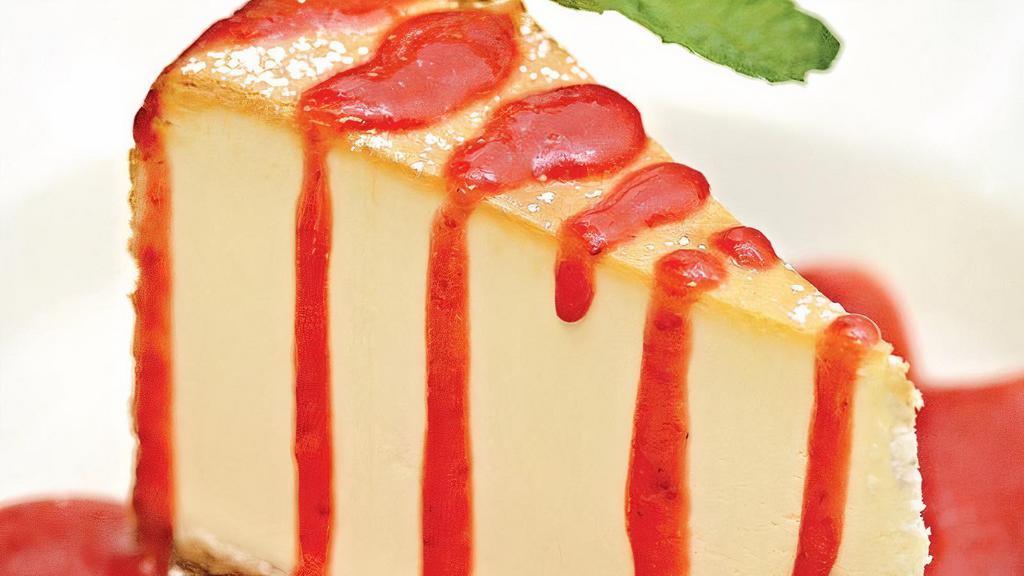 New York Cheesecake · traditional new york style, graham cracker crust, fresh strawberries, strawberry puree