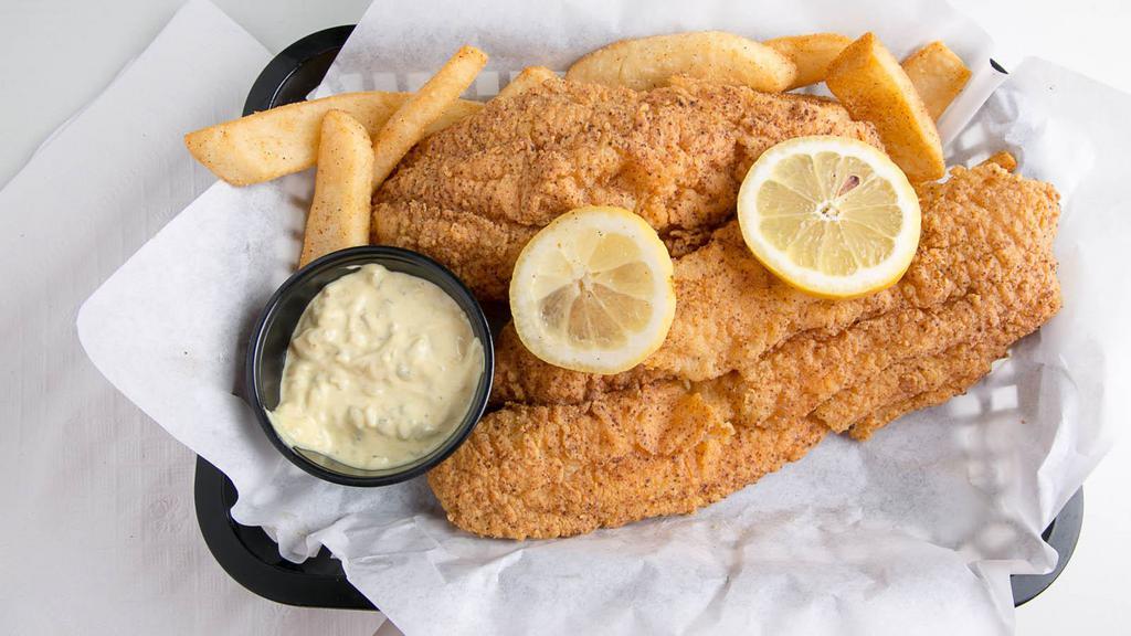 Catfish Plate · Two Jumbo Breaded and Fried Catfish Fillets, French Fries, Hushpuppies.