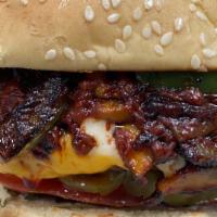 Chipotle Cheeseburger · Grilled onions, grilled mushrooms, sautéed red and green peppers, chipotle sauce, American a...