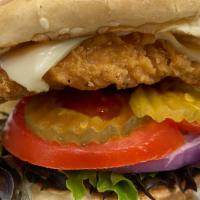Spicy Chicken Sandwich · Fried chicken, lettuce, tomato, onions, pickles and mayo.