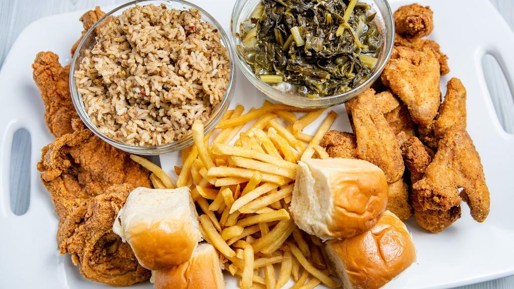 16 Pc Feast Meal · 16 pieces mixed or dark with your choice of three large sides, your choice of 8pc cornbread or 8 rolls (no mix and match).
