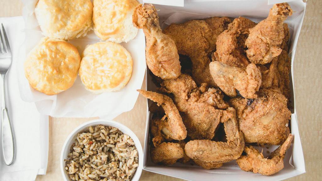 Ltw Meal (10 Pc) · Ten pieces chicken only (three leg, four thigh, three wing - no substitutions), one large side of your choice, and four rolls.