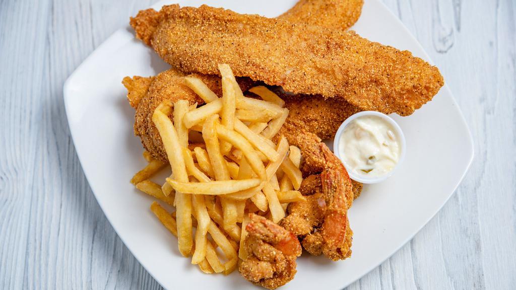 Big Catch (3) · Three pieces fish, three pieces shrimp, choice of fries, mashed potatoes or dirty rice, and one tartar sauce (additional charge for other sides).