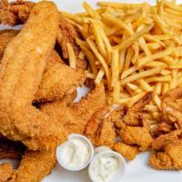 Family Catch 10/10 · Ten pieces fish, ten pieces shrimp, choice of fries, mashed potatoes or dirty rice, and one ...