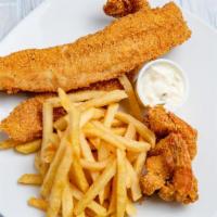 Catch Of The Day · Two pieces fish, two pieces shrimp, choice of fries, mashed potatoes or dirty rice, and one ...