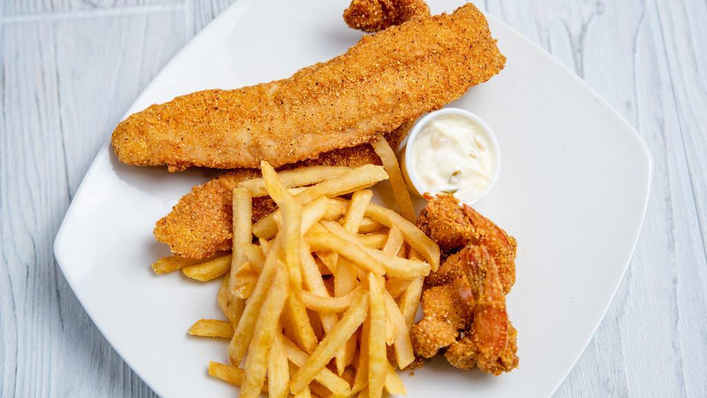 Catch Of The Day · Two pieces fish, two pieces shrimp, choice of fries, mashed potatoes or dirty rice, and one tartar sauce (additional charge for other sides).