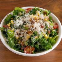 Kale + Quinoa [Gf] · kale, quinoa, snap pea, tomato, smoked almond, corn, golden raisin, parmesan, lemon-dijon dr...