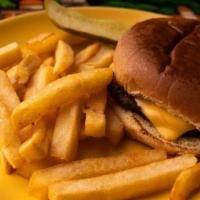 Cheeseburger With Fries  · Angus beef patty, lightly season, grilled to order served on a toasted hamburger bun with yo...