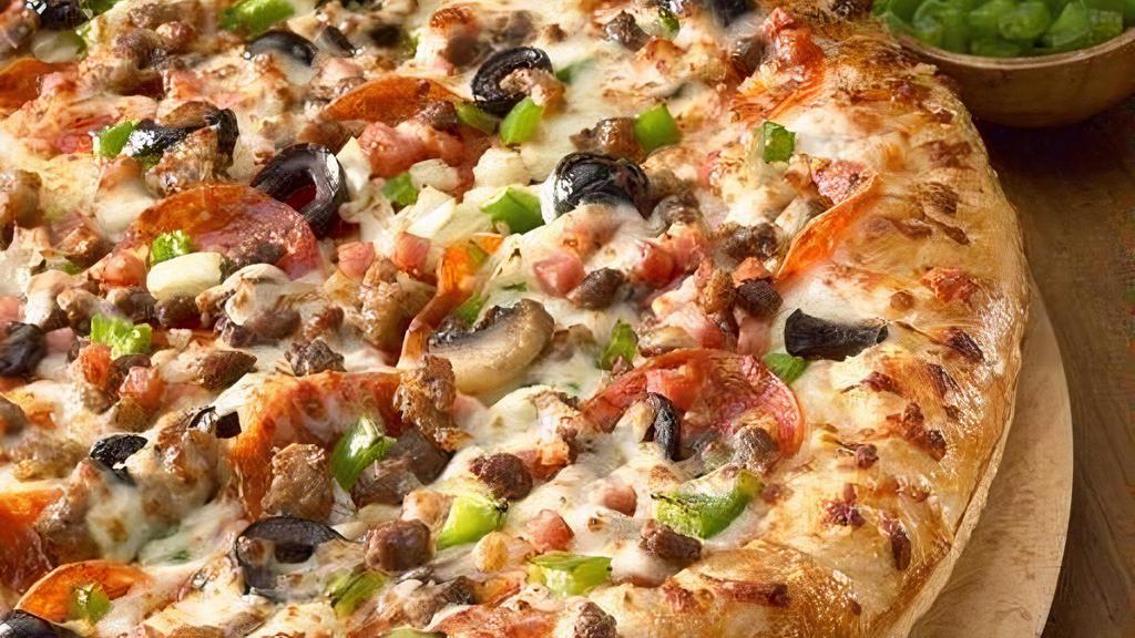 Sticky Fingers (X-Large) · Our most Popular Pizza. Comes with mozzarella, pepperoni, ham, italian sausage, beef, mushroom, onion, bell pepper, and black olives. Cal 122 - 669