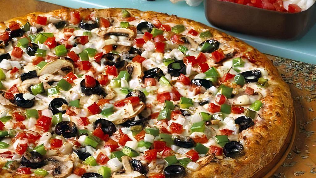 Mrjimaterian (Small) · The vegetarian's favorite.  Comes with mozzarella, mushroom, onion, green pepper, black olives, and tomatoes. Cal 94 - 591