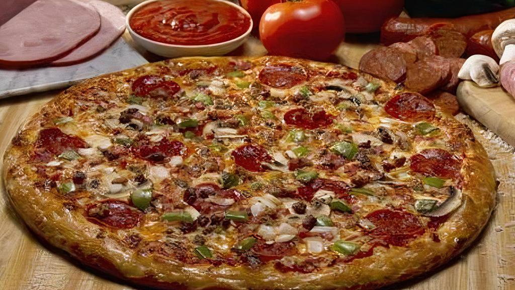 Supreme D'Lish (Large) · Our thinner but not thin lightly topped pizza with mozzarella, pepperoni, ham, sausage, beef, mushroom, onion and bell pepper. Cal 227 - 321