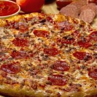 Meat D'Lish (Large) · Our thinner but not thin lightly topped pizza with mozzarella, pepperoni, sausage, beef and ...