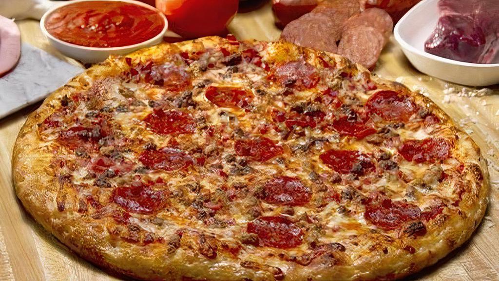 Meat D'Lish (Large) · Our thinner but not thin lightly topped pizza with mozzarella, pepperoni, sausage, beef and ham. Cal 236 - 330