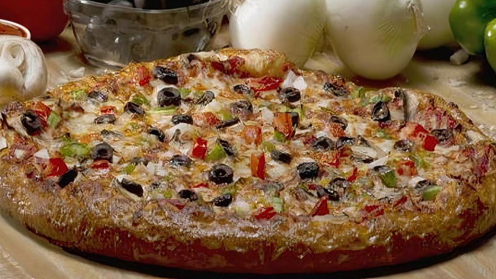 Vegi D'Lish (Large) · Our thinner but not thin lightly topped pizza  with mozzarella, mushroom, onion, bell pepper, black olive and tomato. Cal 204 - 298
