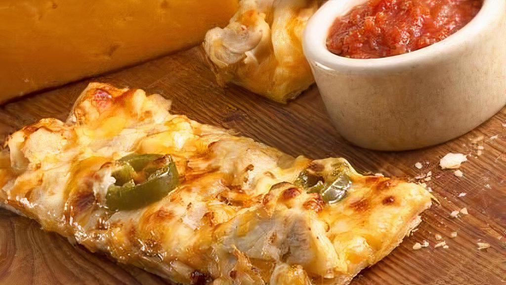 Nacho Stix (Large) · Strips of our thin and crispy crust with chicken or beef, onions, jalapenos, mozzarella, and cheddar cheese.  Served with salsa! Take off Chicken and add Beef.